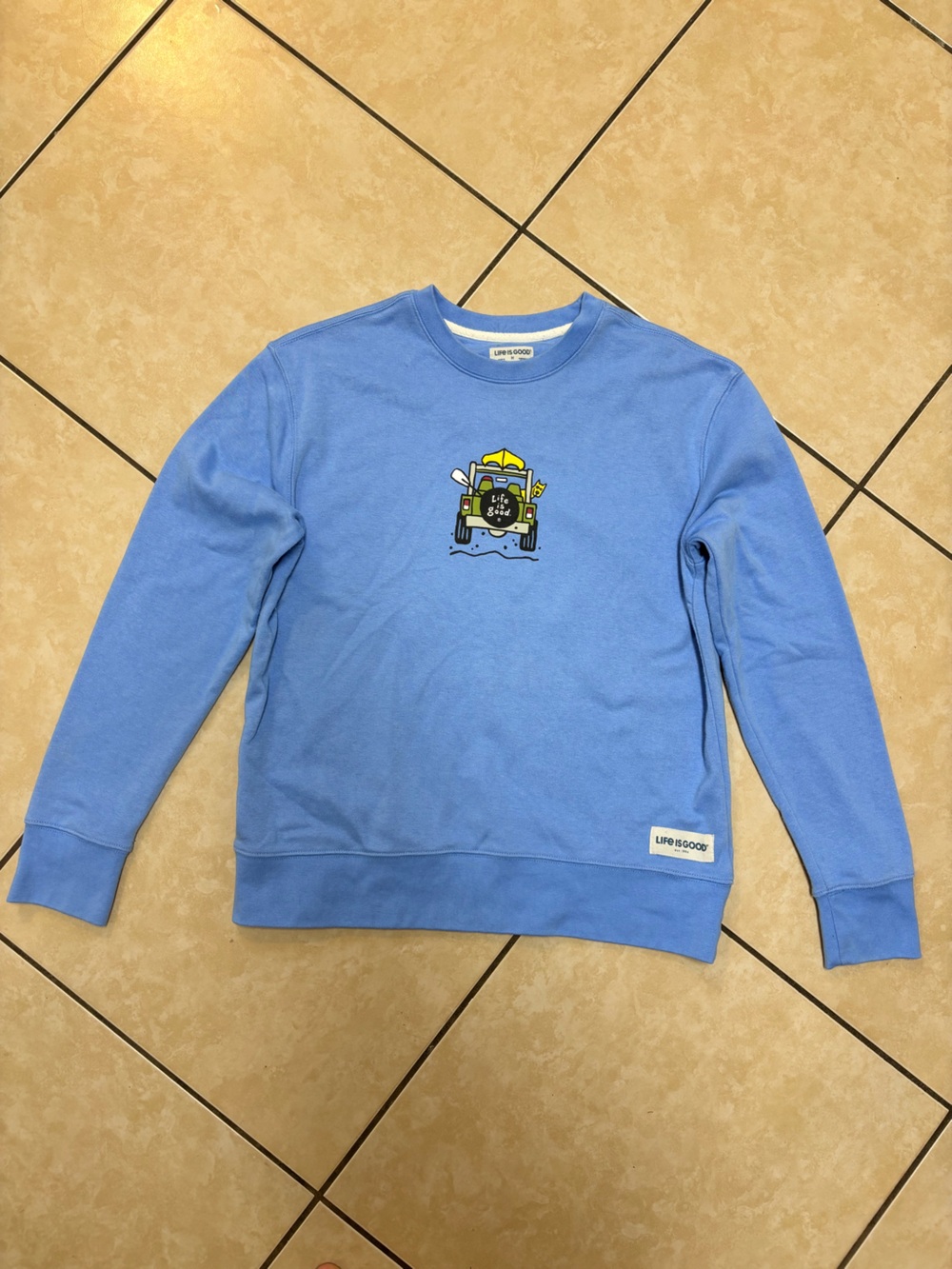 Life Is Good Crewneck Sweatshirt - Light Blue with Jeep Patch